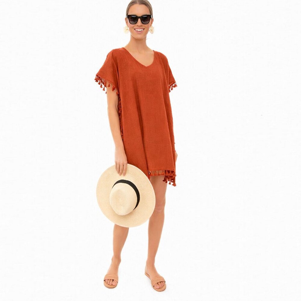 Pomander Place Rust Orange Ramie Katie Caftan Mini Length sz XS/S Swim Cover-up